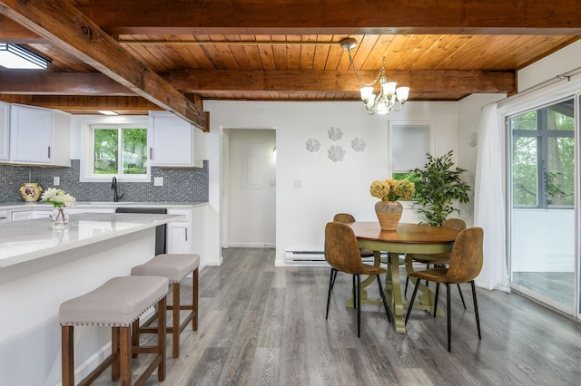 2162 Glasgow Dr, Bushkill, PA 18324 - dining space with a wood ceiling with exposed beams, wood finished floors, a chandelier, plenty of natural light, and a baseboard radiator
