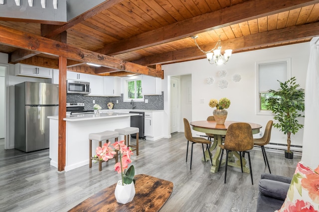 2162 Glasgow Dr, Bushkill, PA 18324 - dining space with wood finished floors, a wooden ceiling with exposed beams, a chandelier, and a baseboard radiator