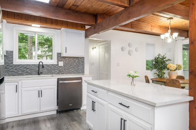 2162 Glasgow Dr, Bushkill, PA 18324 - kitchen with stainless steel dishwasher, a wooden ceiling with exposed beams, dark wood-type flooring, decorative backsplash, and a chandelier