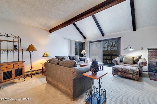 carpeted living room with vaulted ceiling with beams, a textured ceiling, and a baseboard radiator