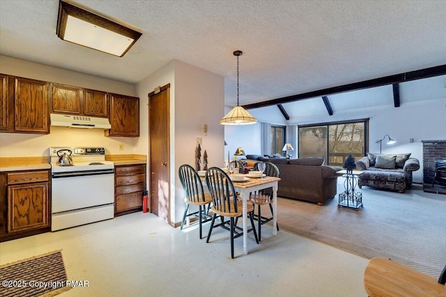 kitchen featuring decorative light fixtures, vaulted ceiling with beams, electric range, a textured ceiling, and under cabinet range hood