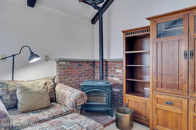 living area with a wood stove and a textured ceiling