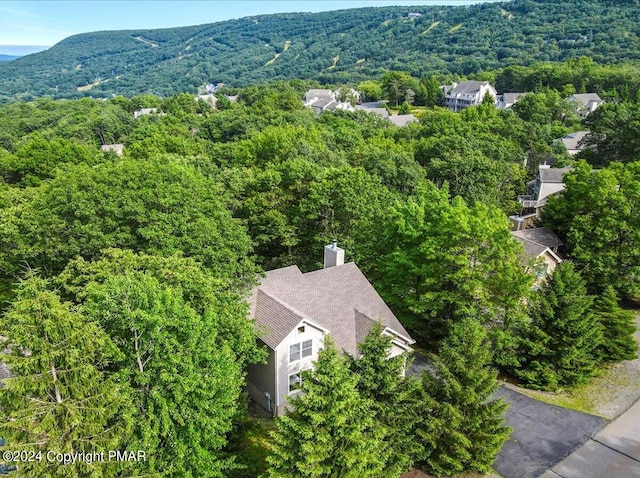 bird's eye view featuring a mountain view and a view of trees