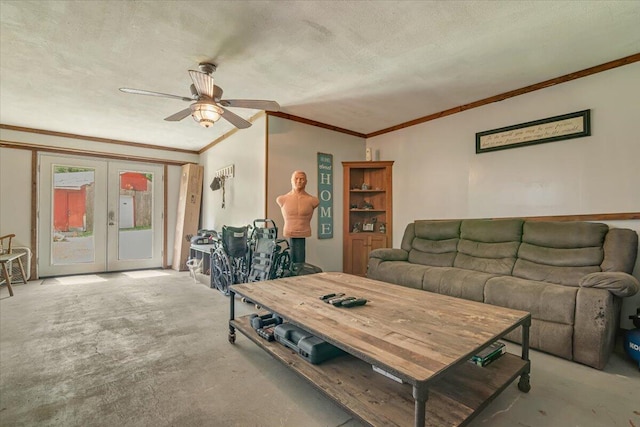 446 Dew Drop Dr, Jim Thorpe, PA 18229 - living area featuring ornamental molding, french doors, unfinished concrete floors, ceiling fan, and a textured ceiling