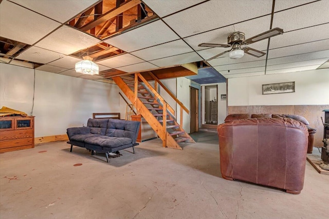 446 Dew Drop Dr, Jim Thorpe, PA 18229 - finished below grade area featuring stairway, a ceiling fan, and a drop ceiling