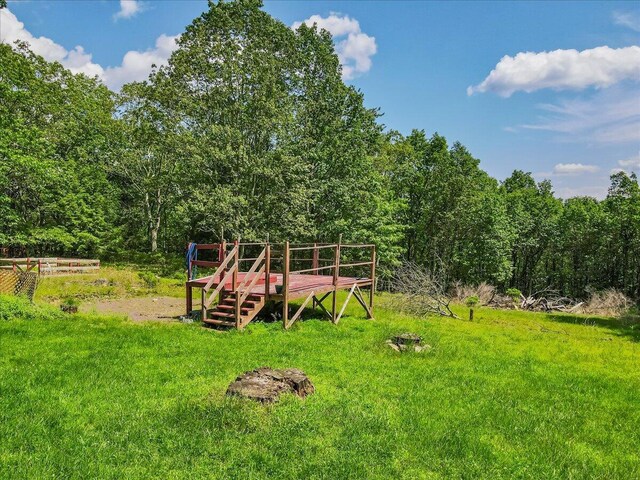 446 Dew Drop Dr, Jim Thorpe, PA 18229 - view of green lawn with a wooded view and a deck
