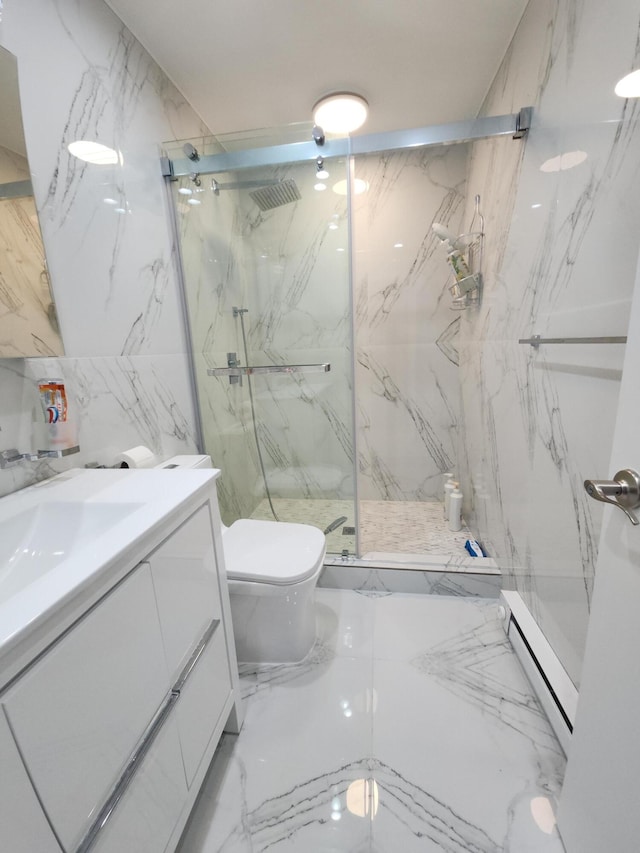 419 Quaker Ct, Pocono Lake, PA 18347 - full bathroom with marble tiled flooring, a baseboard heating unit, a marble finish shower, vanity, and toilet