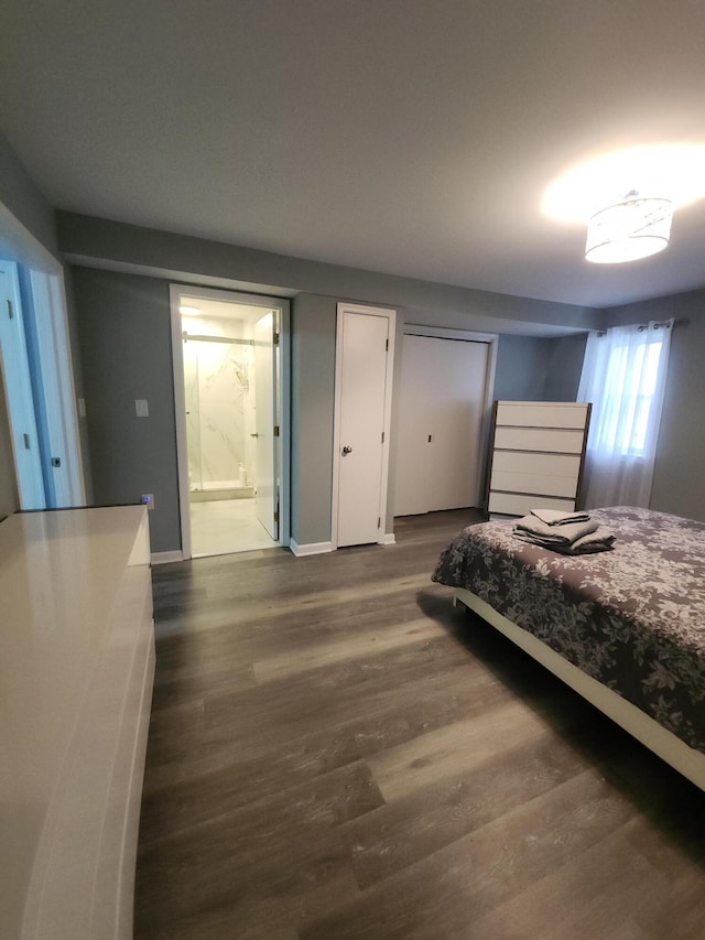 419 Quaker Ct, Pocono Lake, PA 18347 - bedroom with wood finished floors, ensuite bathroom, baseboards, and multiple closets