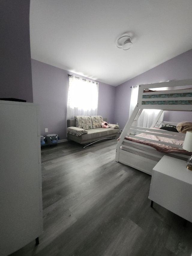419 Quaker Ct, Pocono Lake, PA 18347 - bedroom with lofted ceiling and dark wood-style flooring