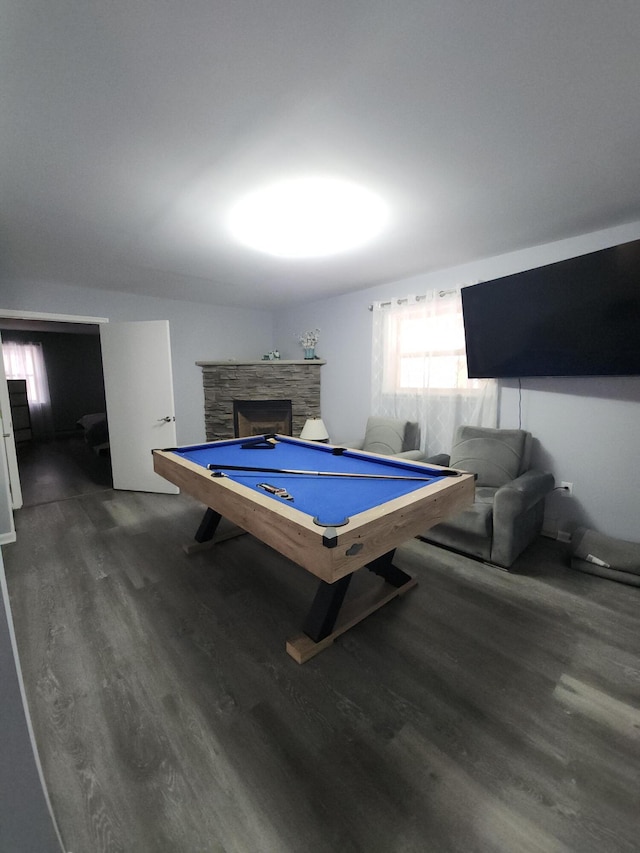 419 Quaker Ct, Pocono Lake, PA 18347 - rec room with wood finished floors, a fireplace, and pool table