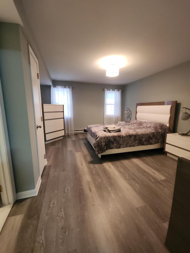 419 Quaker Ct, Pocono Lake, PA 18347 - bedroom with dark wood-style flooring, baseboards, and a baseboard radiator
