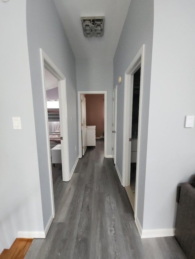 419 Quaker Ct, Pocono Lake, PA 18347 - hallway with dark wood-style flooring and baseboards