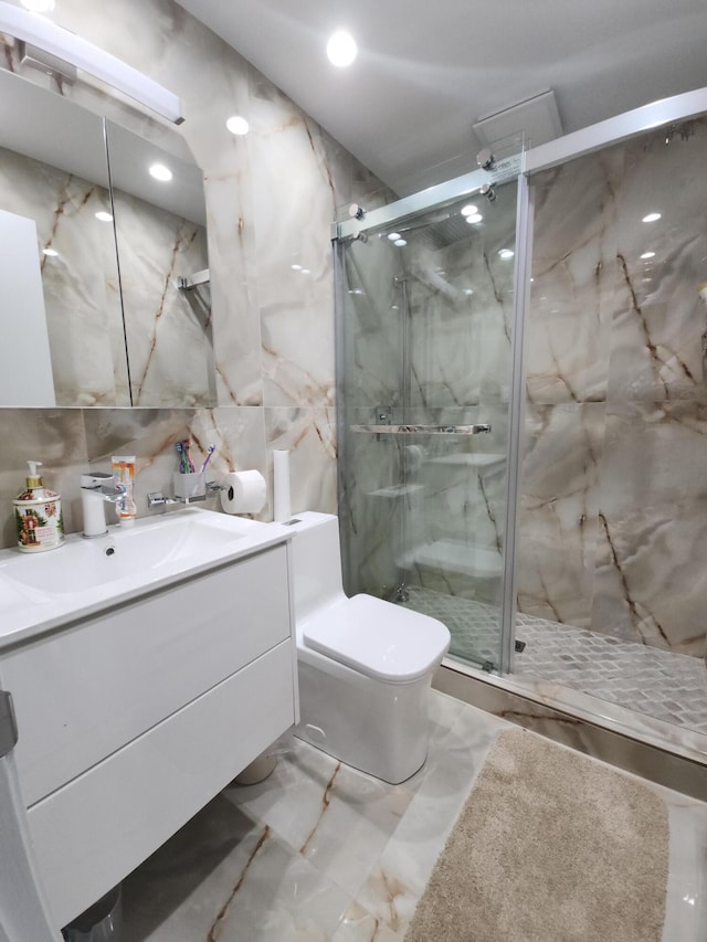 419 Quaker Ct, Pocono Lake, PA 18347 - bathroom with marble finish flooring, toilet, vanity, tile walls, and a marble finish shower