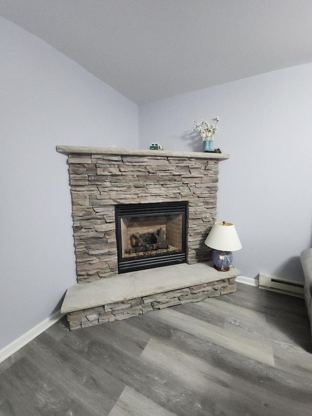 419 Quaker Ct, Pocono Lake, PA 18347 - detailed view of wood finished floors, a fireplace, and baseboards