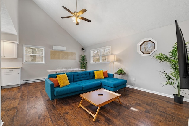 living room with hardwood / wood-style floors, baseboards, ceiling fan, a wall mounted air conditioner, and a baseboard heating unit