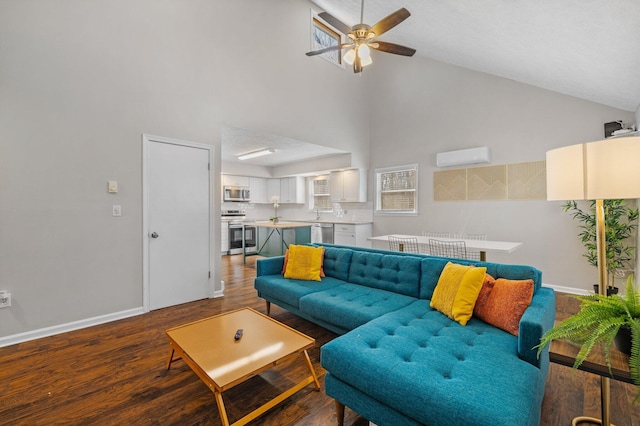 living room with high vaulted ceiling, an AC wall unit, wood finished floors, baseboards, and ceiling fan