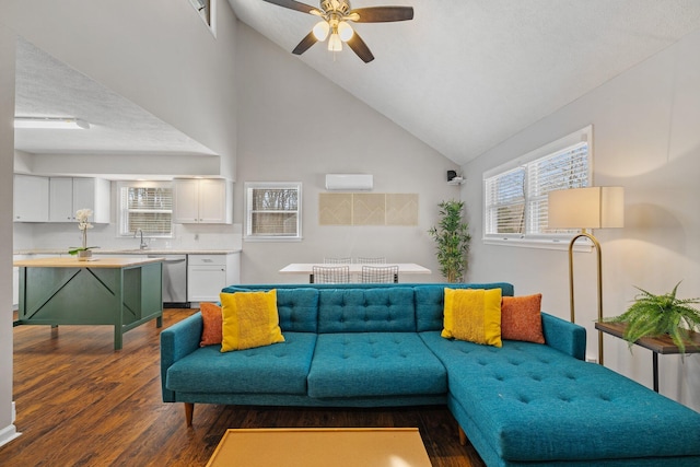 living area featuring a wall mounted air conditioner, dark wood-type flooring, ceiling fan, and high vaulted ceiling