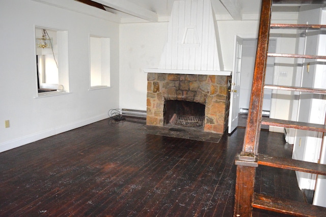 unfurnished living room featuring a baseboard heating unit, baseboards, hardwood / wood-style floors, and a fireplace