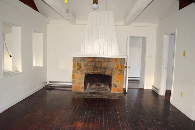 unfurnished living room with beamed ceiling, baseboards, a stone fireplace, and hardwood / wood-style flooring