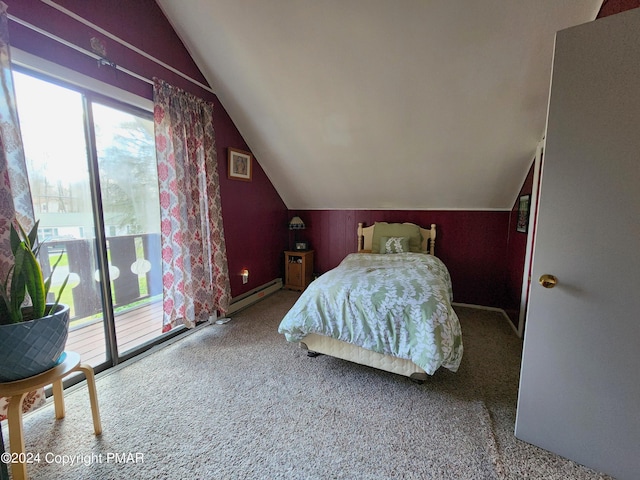 bedroom featuring a baseboard heating unit, carpet, access to outside, and multiple windows