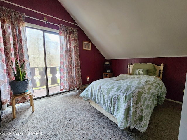 carpeted bedroom with lofted ceiling, access to outside, and multiple windows