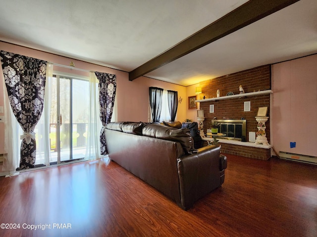 living area with a fireplace, beamed ceiling, baseboard heating, and wood finished floors