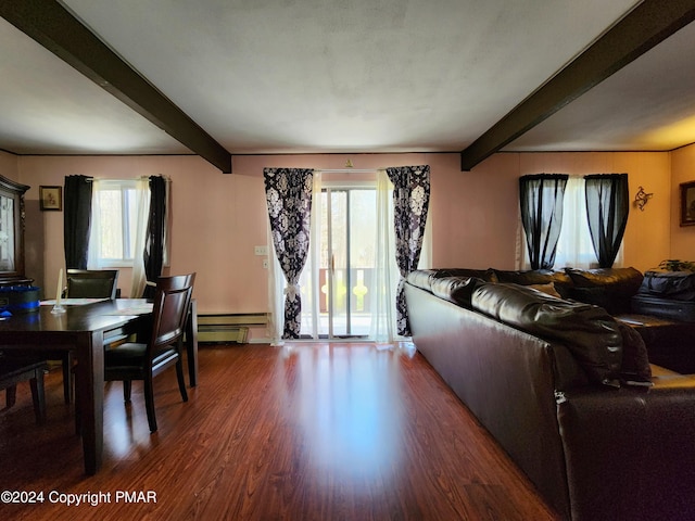 living room with a baseboard radiator, wood finished floors, and beam ceiling