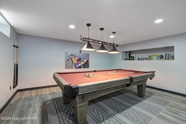 rec room with recessed lighting, pool table, baseboards, and wood finished floors