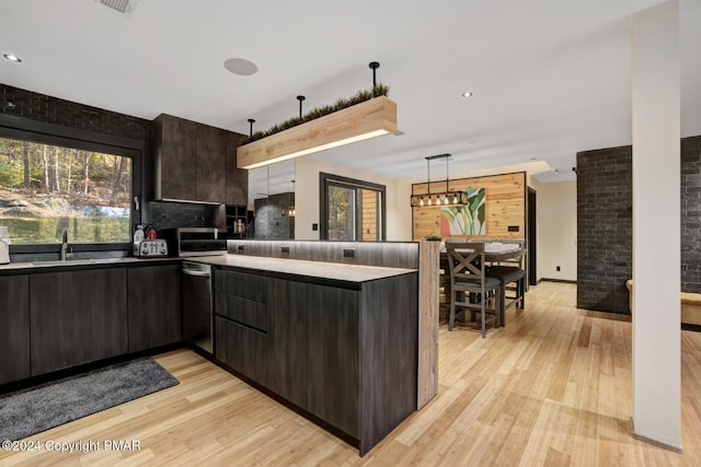 kitchen with dark brown cabinetry, light wood-style flooring, modern cabinets, appliances with stainless steel finishes, and a sink