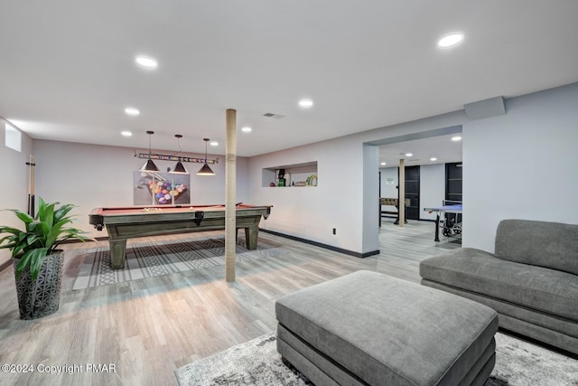 playroom with light wood-type flooring, recessed lighting, and pool table