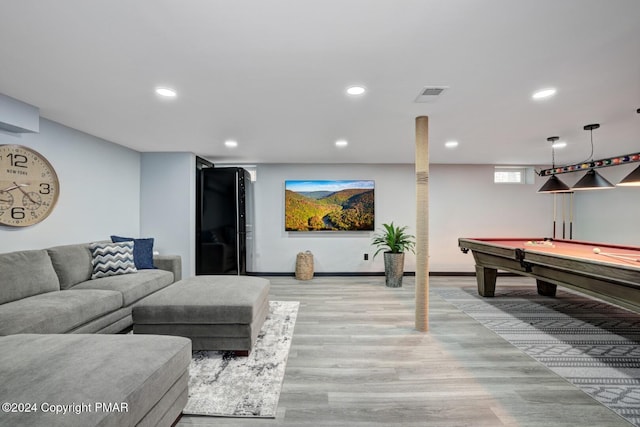 rec room with light wood finished floors, visible vents, pool table, and recessed lighting