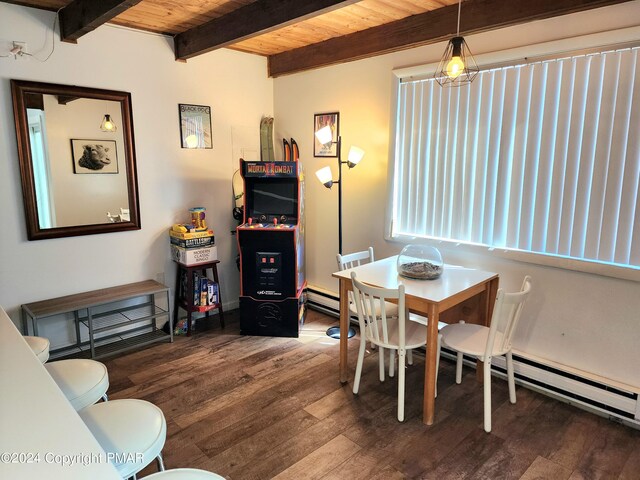 dining area with wood ceiling, dark hardwood / wood-style floors, and beamed ceiling