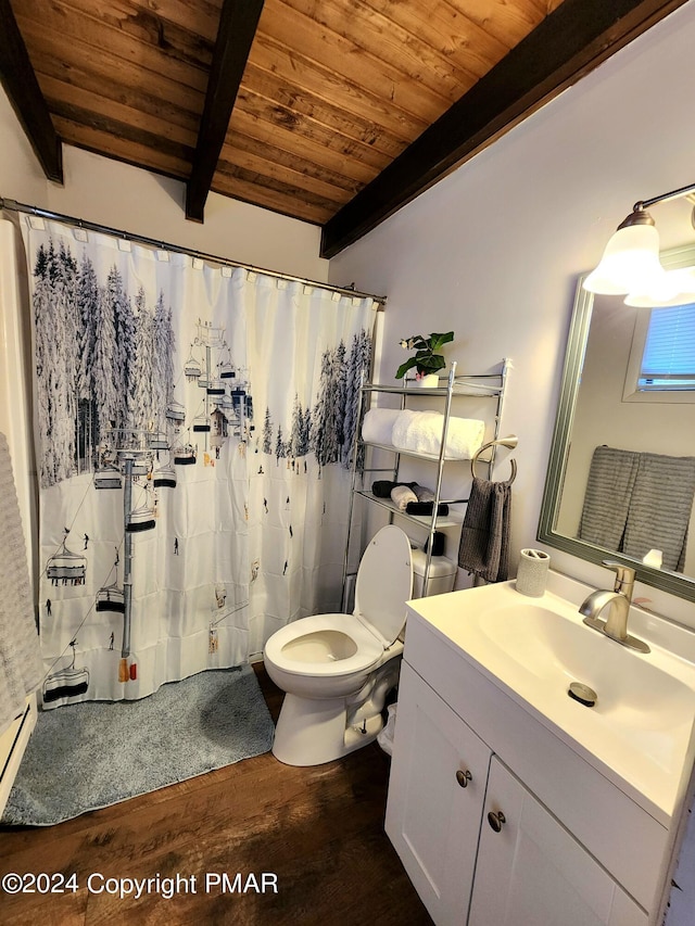 bathroom featuring wood ceiling, hardwood / wood-style flooring, vanity, beamed ceiling, and toilet