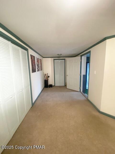 carpeted empty room with ornamental molding