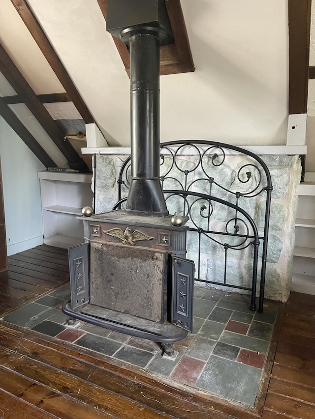 215 Outer Dr, Dingmans Ferry, PA 18328 - room details featuring a wood stove and wood finished floors
