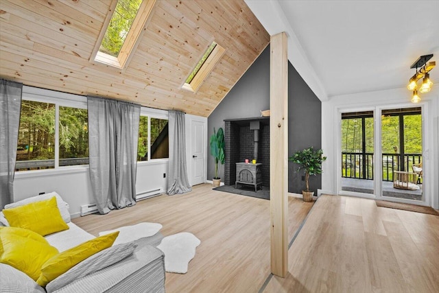 483 Alter Ave, Pocono Summit, PA 18346 - living room with a wood stove, a skylight, vaulted ceiling, healthy amount of natural light, and wood finished floors