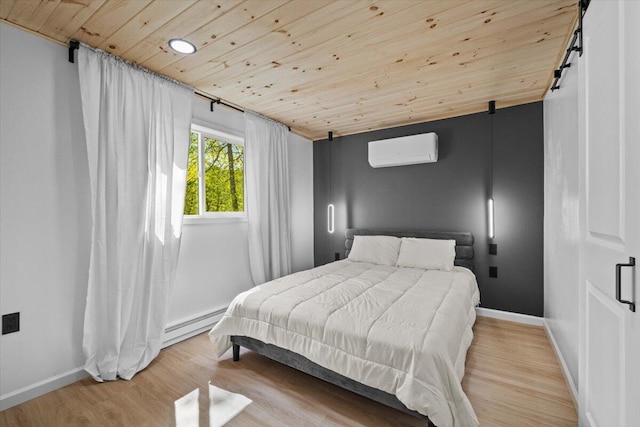 483 Alter Ave, Pocono Summit, PA 18346 - bedroom with wood ceiling, a wall unit AC, baseboard heating, light wood-type flooring, and baseboards