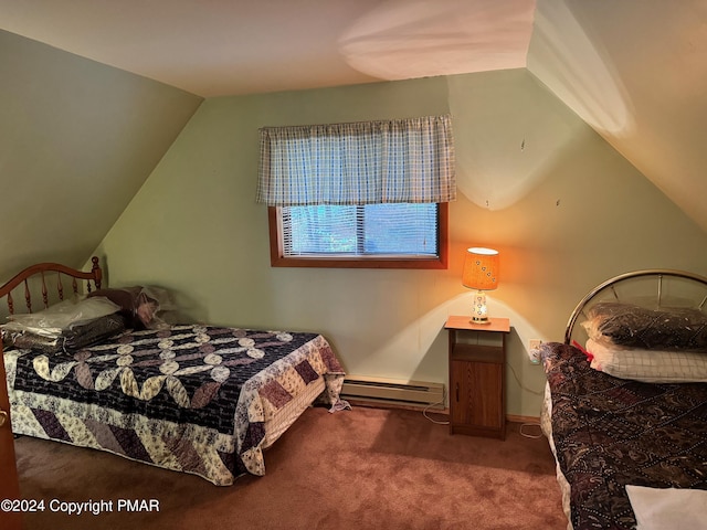 carpeted bedroom with a baseboard heating unit and vaulted ceiling