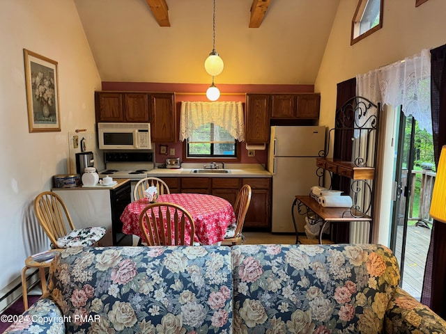 kitchen featuring lofted ceiling with beams, a baseboard heating unit, white appliances, light countertops, and hanging light fixtures