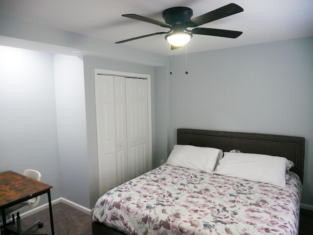 5109 Hickory Ln, East Stroudsburg, PA 18302 - bedroom with dark carpet, a closet, baseboards, and ceiling fan