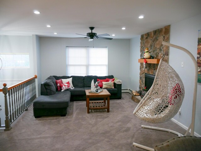 5109 Hickory Ln, East Stroudsburg, PA 18302 - living area with recessed lighting, a stone fireplace, carpet floors, baseboards, and ceiling fan
