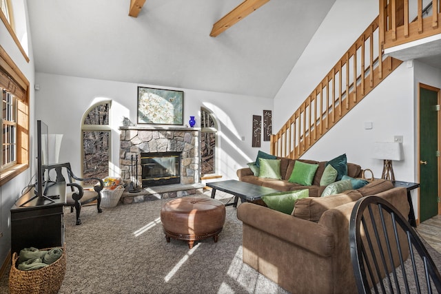 225 N Arrow Dr, Pocono Lake, PA 18347 - living area with stairway, carpet floors, beamed ceiling, a fireplace, and high vaulted ceiling