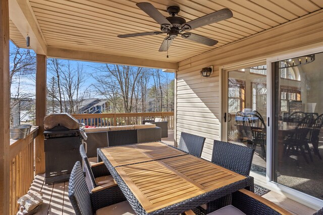 225 N Arrow Dr, Pocono Lake, PA 18347 - wooden deck with ceiling fan, outdoor dining area, and area for grilling