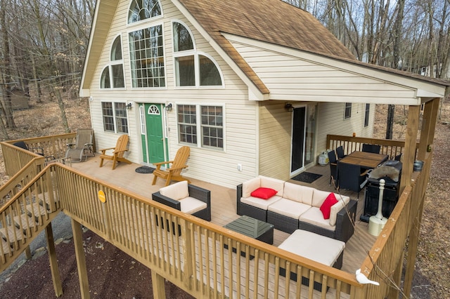 225 N Arrow Dr, Pocono Lake, PA 18347 - wooden deck featuring outdoor lounge area and stairway