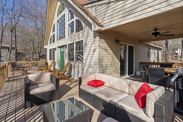 225 N Arrow Dr, Pocono Lake, PA 18347 - wooden terrace featuring an outdoor living space and a ceiling fan
