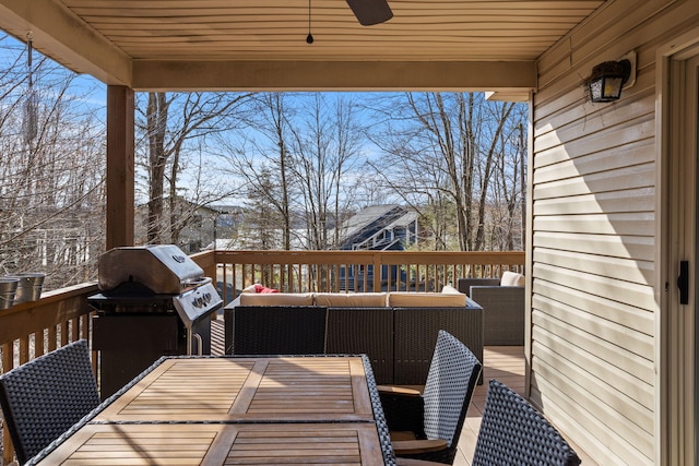 225 N Arrow Dr, Pocono Lake, PA 18347 - wooden deck featuring an outdoor hangout area, a ceiling fan, and a grill