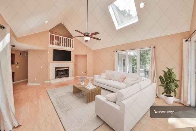 205 Osprey Way E, Stroudsburg, PA 18302 - living room featuring light tile patterned floors, lofted ceiling, a fireplace, a skylight, and a ceiling fan