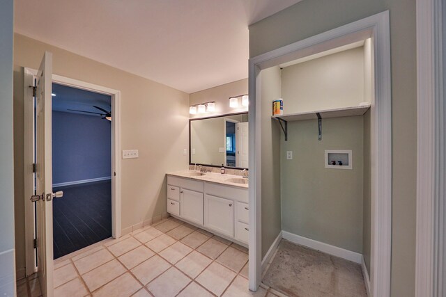 205 Osprey Way E, Stroudsburg, PA 18302 - full bath featuring double vanity, baseboards, tile patterned flooring, and ceiling fan