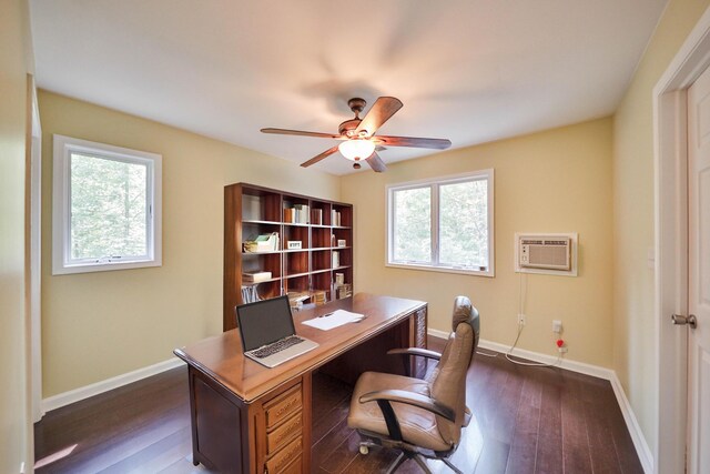 205 Osprey Way E, Stroudsburg, PA 18302 - office with a wall mounted AC, baseboards, a ceiling fan, and dark wood-type flooring