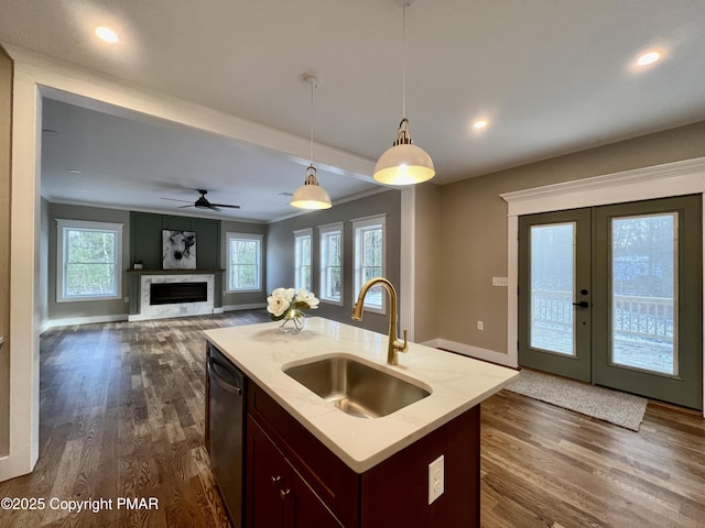 kitchen with dishwasher, dark wood-style floors, a sink, and french doors